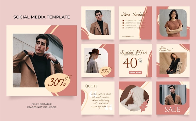 Social media template banner blog fashion sale promotion fully editable instagram and facebook square post frame puzzle organic sale poster brown beige element shape vector background