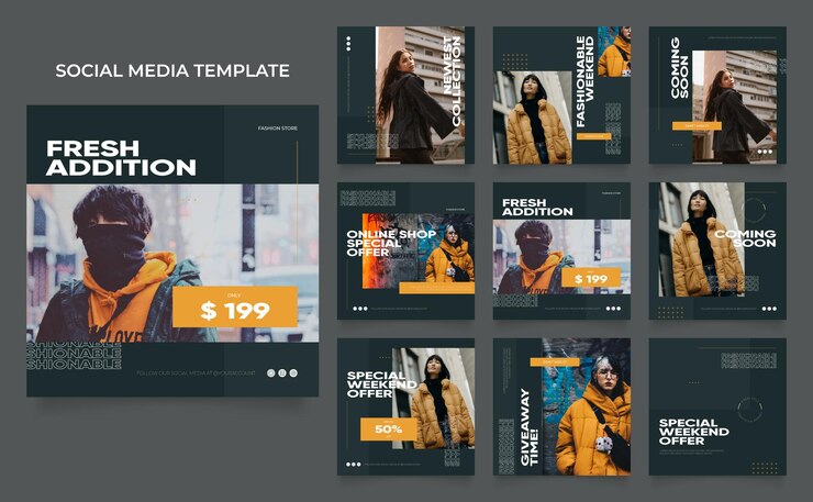 Vector social media template banner blog fashion sale promotion fully editable instagram and facebook square post frame puzzle organic sale poster fresh blue yellow element shape vector background