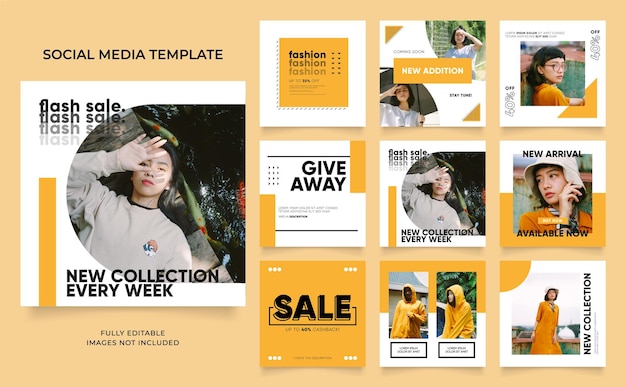 Social media template banner blog fashion sale promotion fully editable instagram and facebook square post frame puzzle organic sale poster fresh yellow element shape vector background