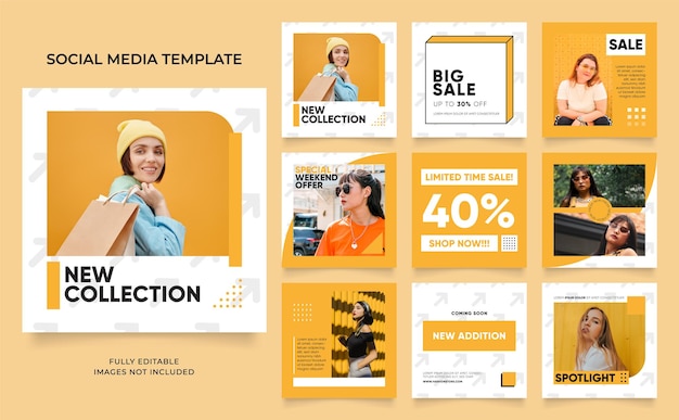 ソーシャルメディアテンプレートバナーブログファッションセールプロモーション完全に編集可能なインスタグラムとフェイスブックスクエアポストフレームパズルオーガニックセールポスター新鮮な黄色の要素形状ベクトル背景