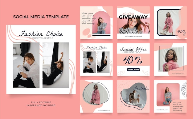 Modello di social media banner blog moda promozione vendita completamente modificabile instagram e facebook piazza post frame puzzle vendita organica poster rosso rosa sfondo vettoriale