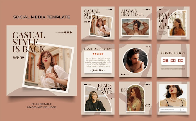 Social media template banner fashion sale promotion in brown beige color fully editable instagram and facebook square post frame puzzle organic sale poster