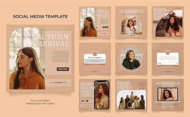 Social media template banner fashion sale promotion in brown beige fully editable instagram and facebook square post frame puzzle organic sale poster