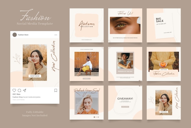 Promozione di vendita di moda banner modello social media. completamente modificabile instagram e facebook quadrato post frame puzzle vendita organica marrone beige