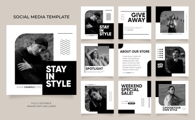 Social media template banner fashion sale promotion fully editable instagram and facebook square post frame puzzle organic sale poster black white vector background black friday theme