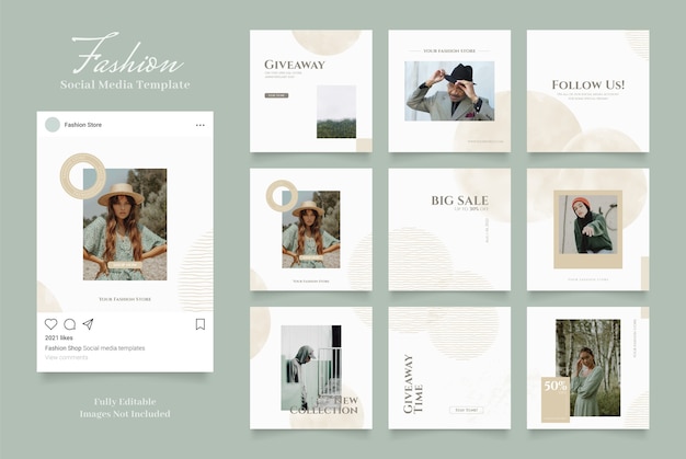 Social media template banner fashion sale promotion. fully editable instagram and facebook square post frame puzzle organic sale   white green gold