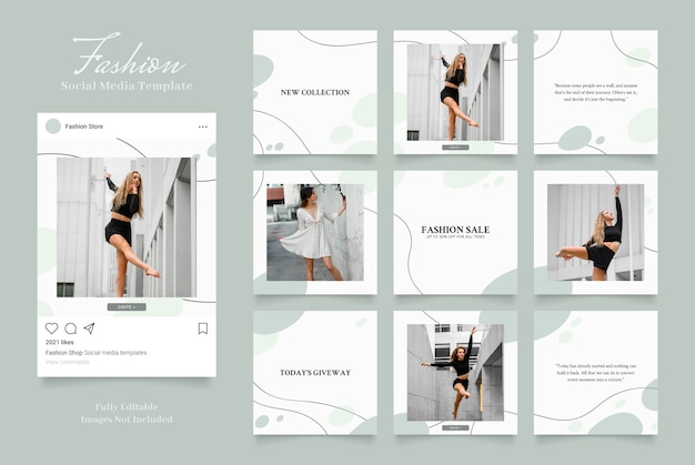 Social media template banner fashion sale promotion. fully editable instagram and facebook square post frame puzzle organic sale   white green