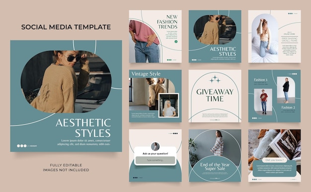 Social media template banner fashion sale promotion in green blue color fully editable instagram and facebook square post frame puzzle organic sale poster