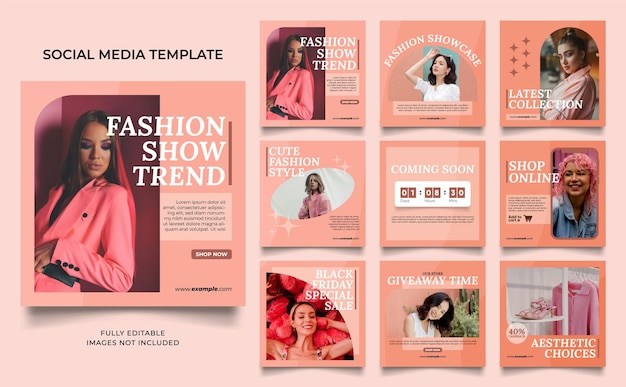 Banner modello social media promozione vendita moda in colore rosa marrone completamente modificabile poster di vendita organica puzzle cornice quadrata facebook e instagram