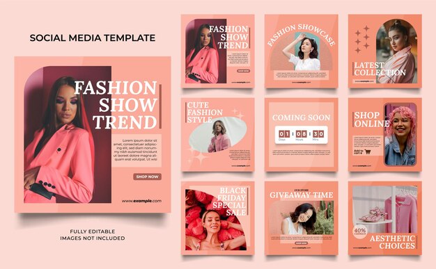 Social media template banner fashion sale promotion in pink brown color fully editable instagram and facebook square post frame puzzle organic sale poster