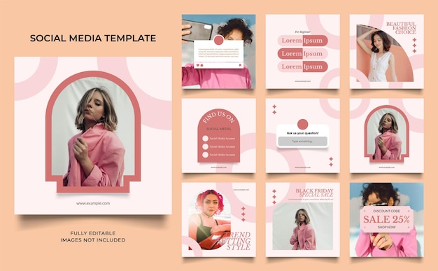 Banner modello social media promozione vendita moda in colore rosa marrone completamente modificabile poster di vendita organica puzzle cornice quadrata facebook e instagram