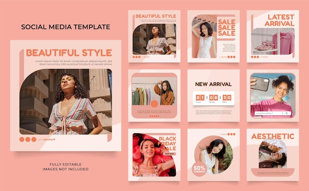 Modello di social media banner promozione della vendita di moda in colore rosa instagram completamente modificabile e poster di vendita organica di puzzle con cornice quadrata di facebook