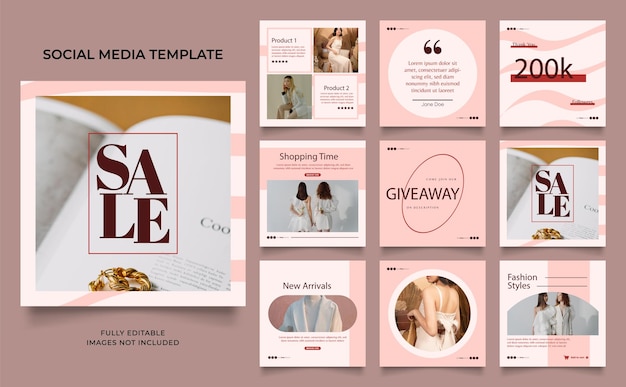 Social media template banner fashion sale promotion in pink maroon color fully editable instagram and facebook square post frame puzzle organic sale poster