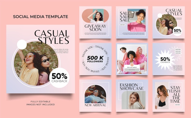 Social media template banner fashion sale promotion in pink purple holographic gradient color fully editable instagram and facebook square post frame puzzle organic sale poster