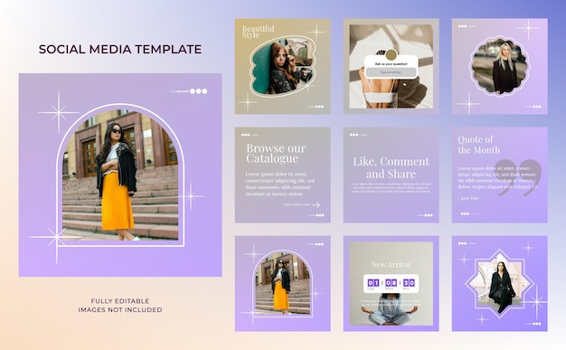 Social media template banner fashion sale promotion in purple orange color fully editable instagram and facebook square post frame puzzle organic sale poster