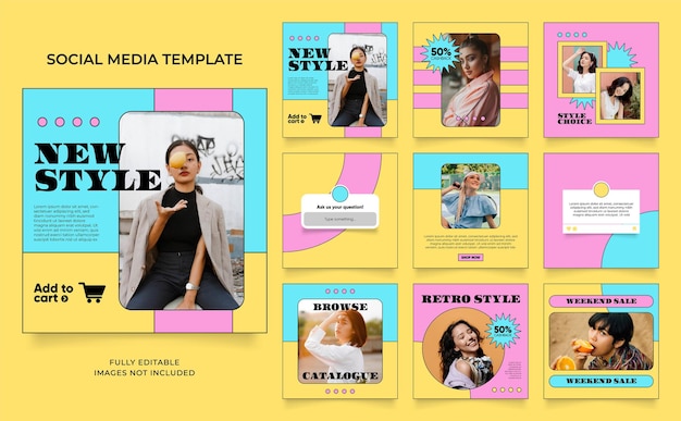 Social media template banner fashion sale promotion in retro colorful color fully editable instagram and facebook square post frame puzzle organic sale poster