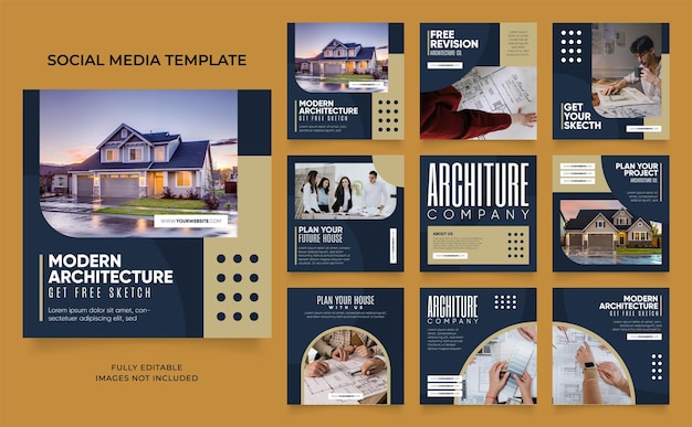 Vettore modello di social media banner promozione del servizio di architettura della casa completamente modificabile poster di vendita organica di puzzle con cornice quadrata su facebook e instagram