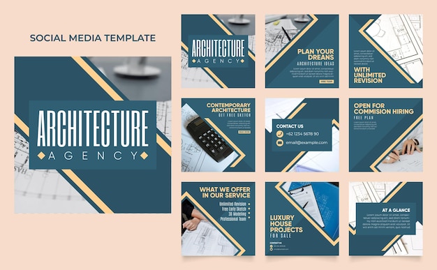 Vettore modello di social media banner promozione del servizio di architettura della casa completamente modificabile poster di vendita organica di puzzle con cornice quadrata su facebook e instagram