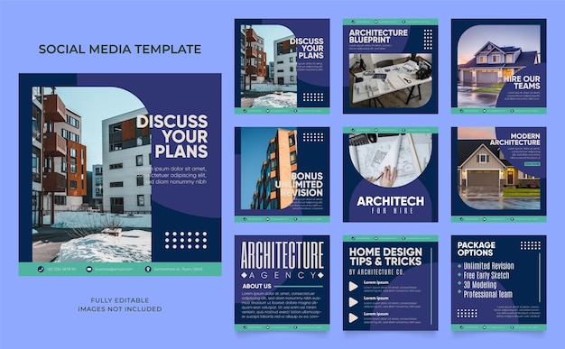 Modello di social media banner promozione del servizio di architettura della casa completamente modificabile poster di vendita organica di puzzle con cornice quadrata su facebook e instagram