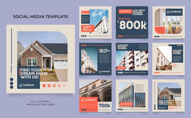 Banner modello di social media promozione della vendita di proprietà immobiliari e case completamente modificabile poster di vendita organica di puzzle con cornice quadrata su facebook e instagram