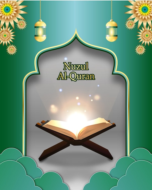 Vector social media template for nuzul alquran in green color