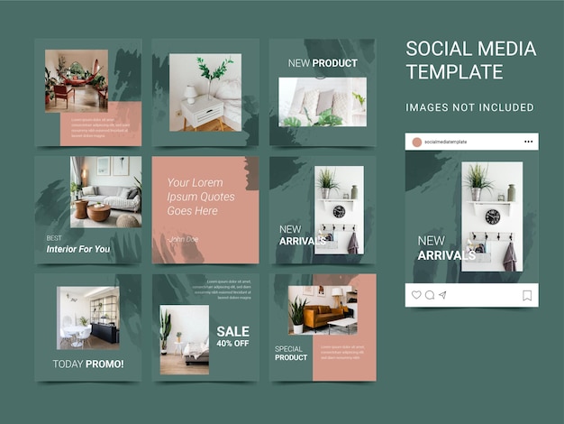 Social media template set puzzle with watercolor element for interior and architecture. Modern style.