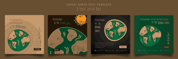 Social media template with earth in cartoon design in brown and green background for ozone layer day