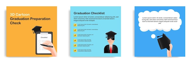 Social media tutorial tips post banner layout template in 3D cartoon style Graduation preparation