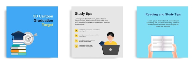 Social media tutorial tips post banner layout template in 3D cartoon style Study for graduation