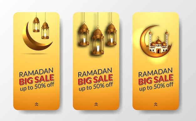 Social media verhalen sjabloon voor ramadan grote verkoopaanbieding met gouden lantaarn, moskee en halve maan luxe decoratie met gele achtergrond