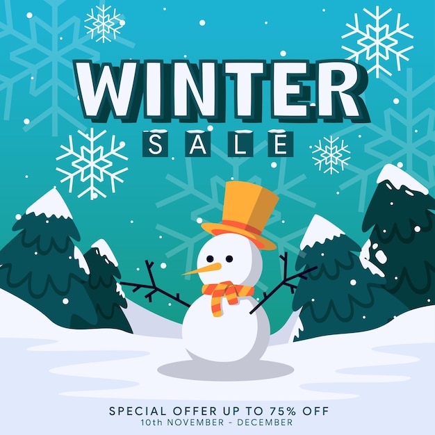 Social media winter sale background with cute snowman