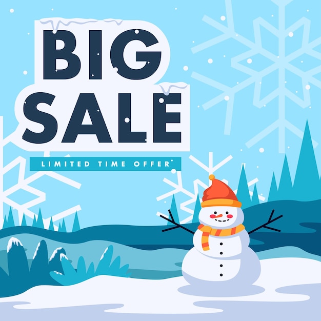 social media winter sale background with cute snowman