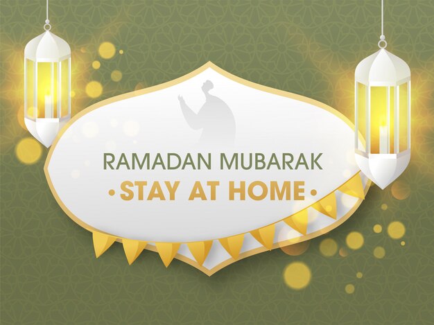 Social Message To Stay At Home in Ramadan Mubarak Festival with Hanging Illuminated Lanterns on Green Arabic Pattern Background.