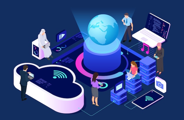 Social network and cloud service  concept. isometric connecting people with wi-fi and devices illustration