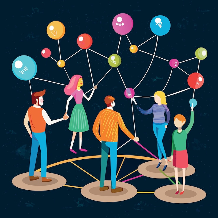 Vector social network concept miniature people holding balloons standing on colorful pastel chalk line li