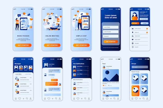 Vector social network concept screens set for mobile app template ui ux gui user interface kit