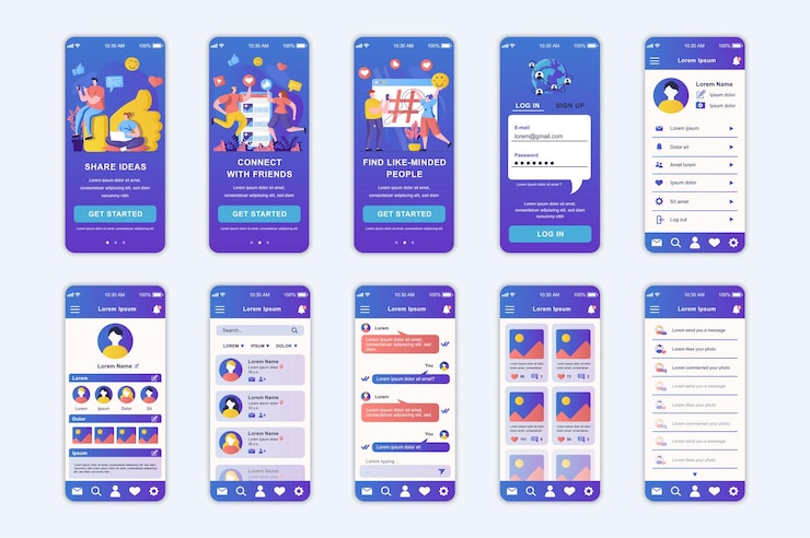 Vector 모바일 앱 템플릿 ui ux gui 사용자 인터페이스 키트용으로 설정된 소셜 네트워크 개념 화면