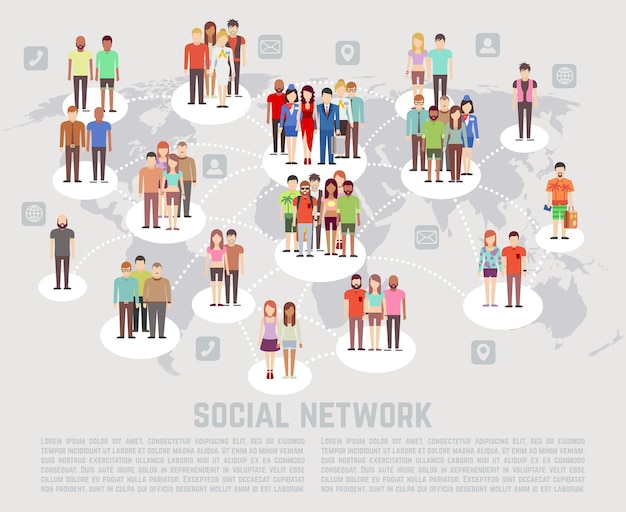 Vector social network concept with flat characters of people