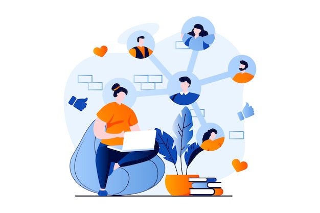 Social network concept with people scene in flat cartoon design woman communicates with group of friends in social networks likes and comments on posts vector illustration visual story for web