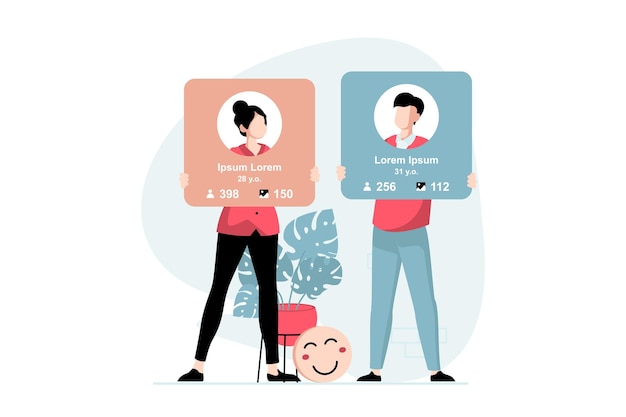 Vector social network concept with people scene in flat design man and woman maintain their online profiles in social networks publish photos and posts vector illustration with character situation for web