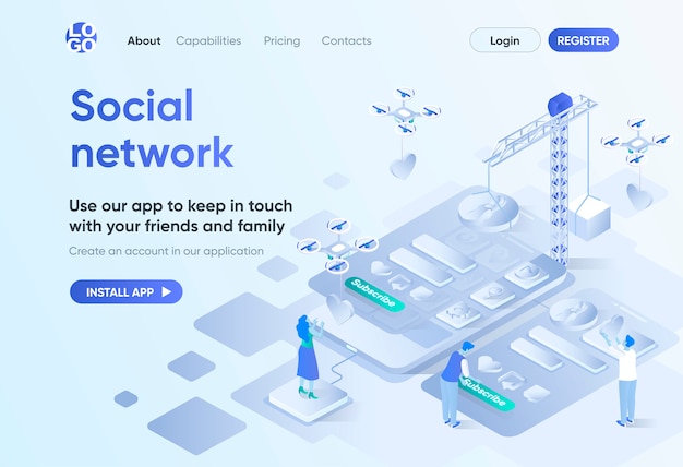 Vector social network isometric landing page. mobile communication service, online chatting and media content sharing. messaging template for cms and website builder. isometry scene with people characters