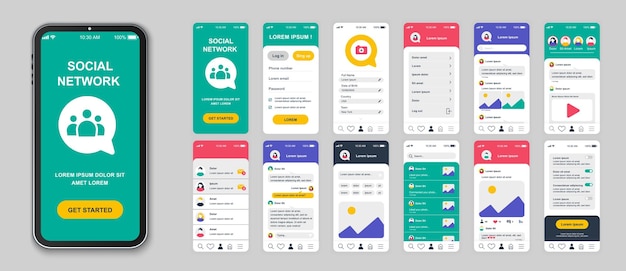 Набор экранов мобильных приложений социальных сетей для веб-шаблонов. пакет информации для входа в профиль, сообщения, фотографии, чаты друзей и другие макеты.