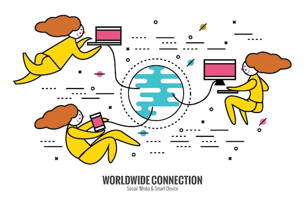 Social network. people world wide connect with smart device. flat thin line design elements. vector illustration