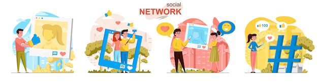 Scene di social network ambientate in uno stile piatto