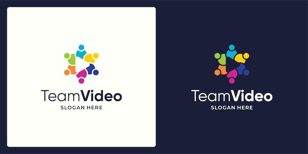 ソーシャルネットワークチームのロゴデザインベクトルとビデオ再生ボタンのロゴ。
