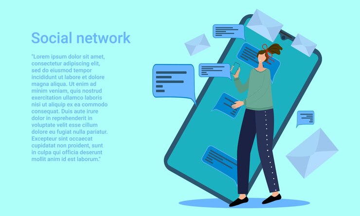 Vector social network a woman uses applications on a smartphone modern messengers and email