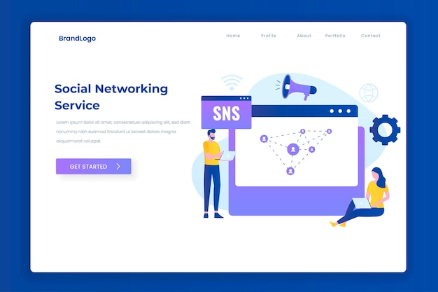 ソーシャルネットワーキングサービスのイラストのランディングページのコンセプト。ウェブサイト、ランディングページ、モバイルアプリケーション、ポスター、バナーのイラスト。