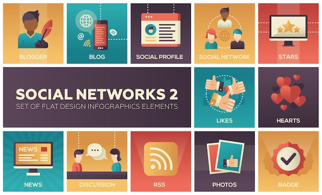 Social networks - modern set of flat design infographics elements. colorful square images of blogger, blog, profile, stars, likes, hearts, news, discussion, rss, photos, badge