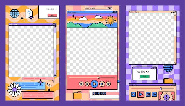 Social Networks Stories Template Set met Retro Computer Aesthetic Ui Elements Vector