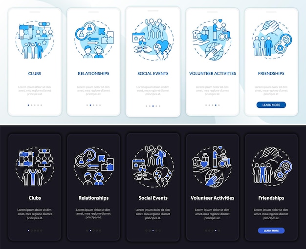 Social participation set onboarding mobile app page screen. Activity walkthrough 4 steps graphic instructions with concepts. UI, UX, GUI vector template with linear night and day mode illustrations